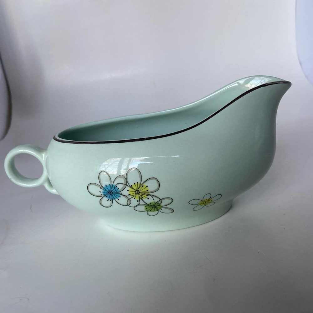 Nobility Permaware Mist Gravy Boat 1950's Green Background, Outlined Flowers